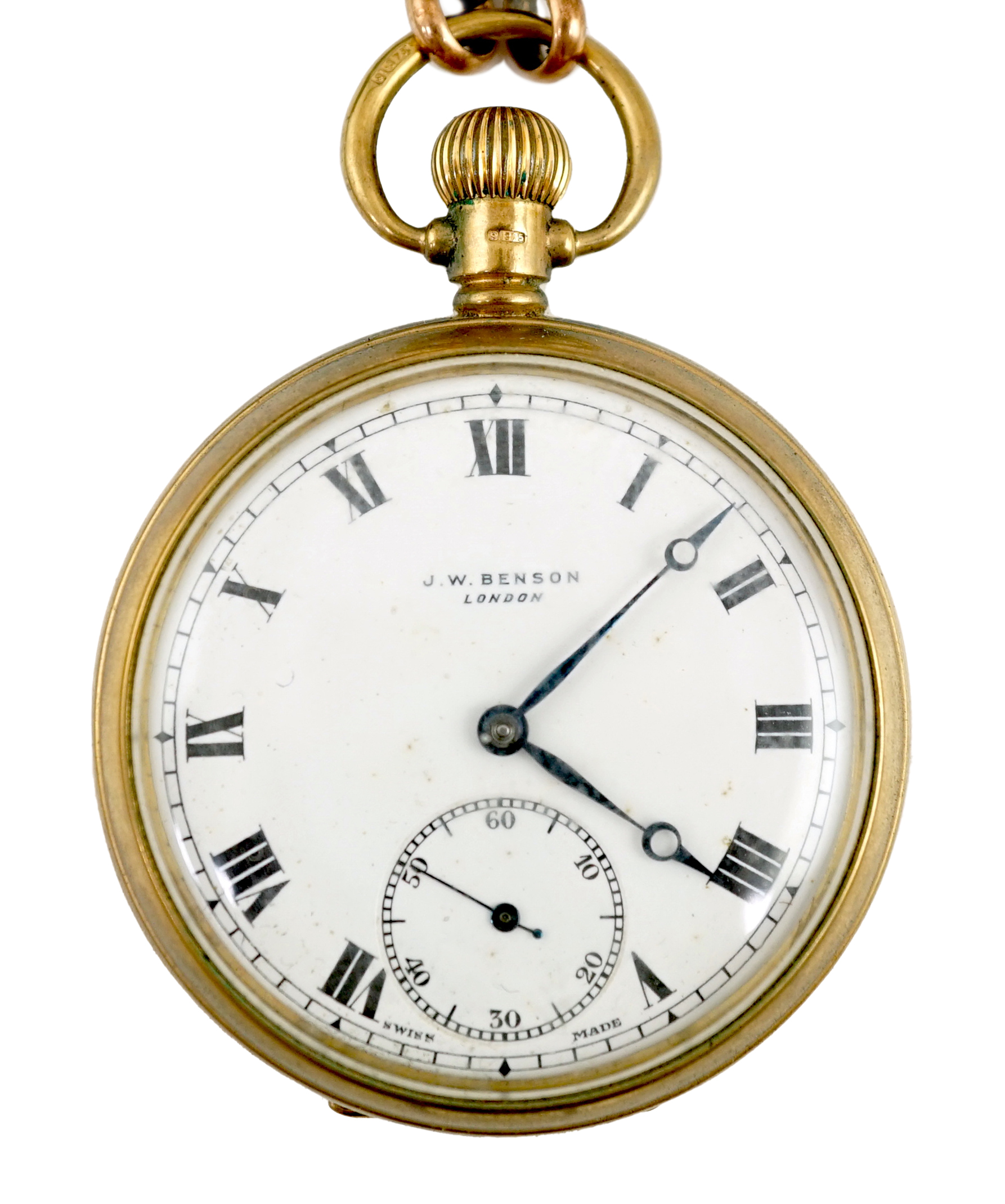 A George V J.W. Benson 9ct gold open face keyless pocket watch, with a 9ct gold curb link albert